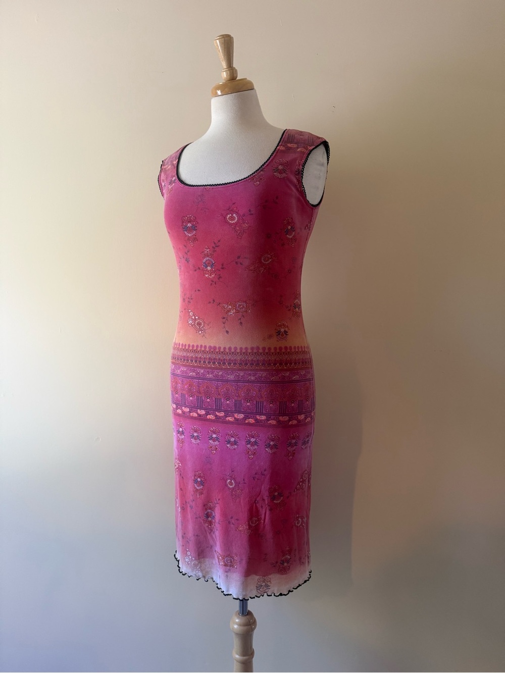 Le Château Y2K Pink Mesh Midi Dress Paisley Border Print Made in Canada
